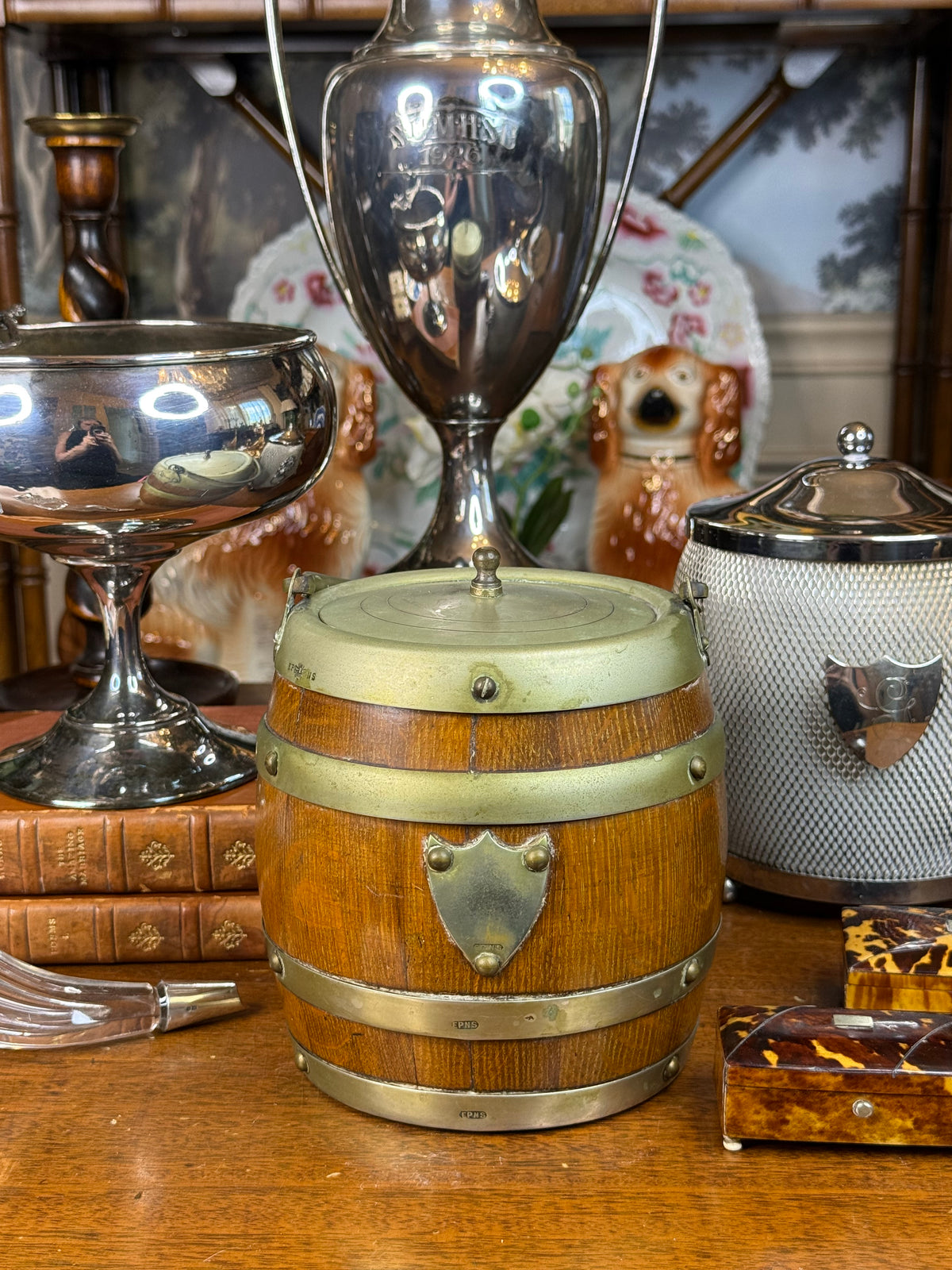 Antique English Oak Biscuit Barrel with EPNS Silver Plate & Ceramic Liner, c. 1890–1910 – 6.5”H