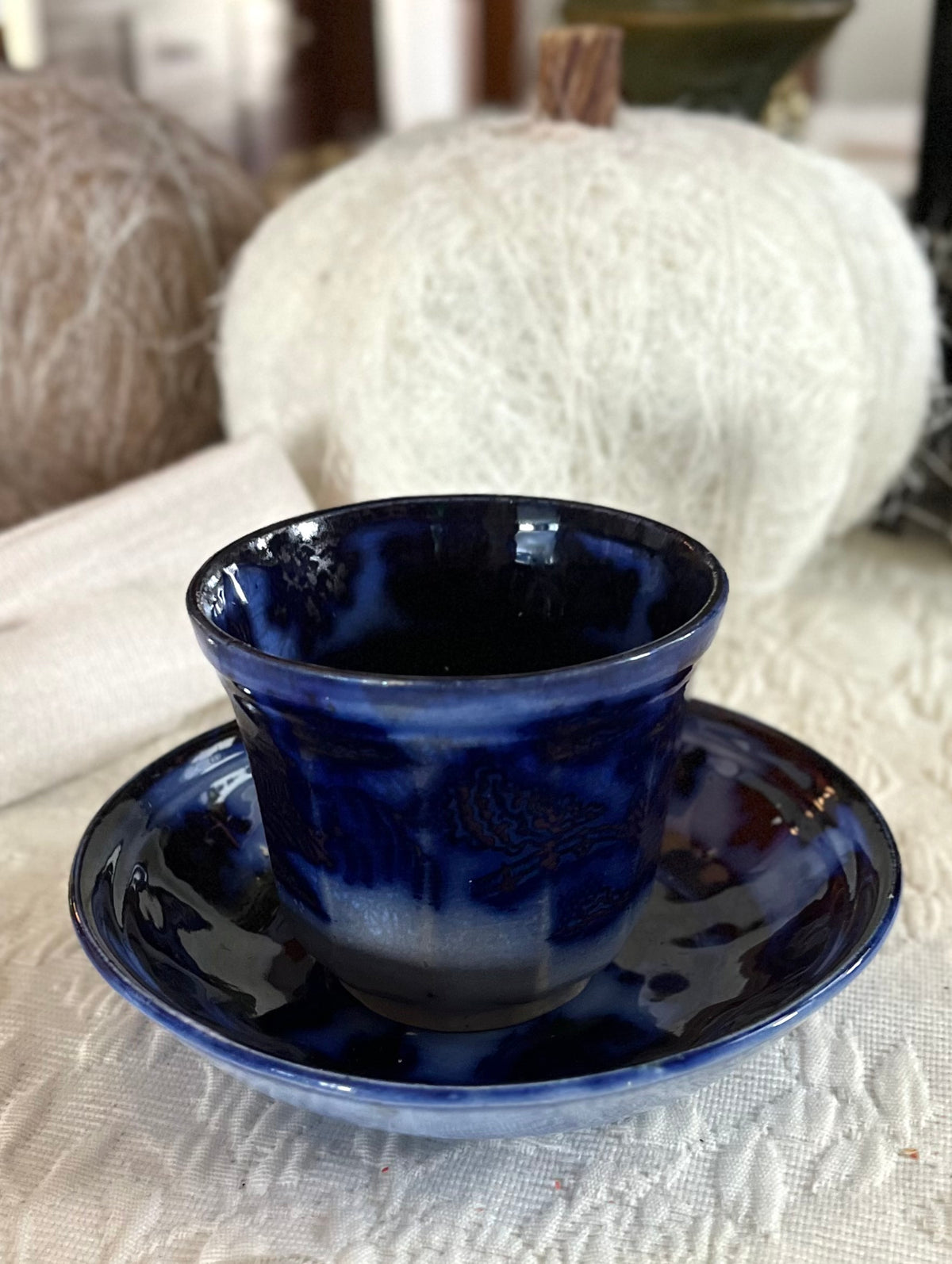 Stunning Deep Saturation Antique John Wood (Wedge Wood) Flow Blue Tea Bowl & Saucer | Victorian Staffordshire “Chapoo”