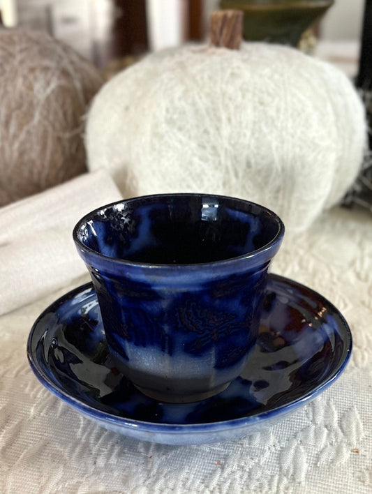 Stunning Deep Saturation Antique John Wood (Wedge Wood) Flow Blue Tea Bowl & Saucer | Victorian Staffordshire “Chapoo”
