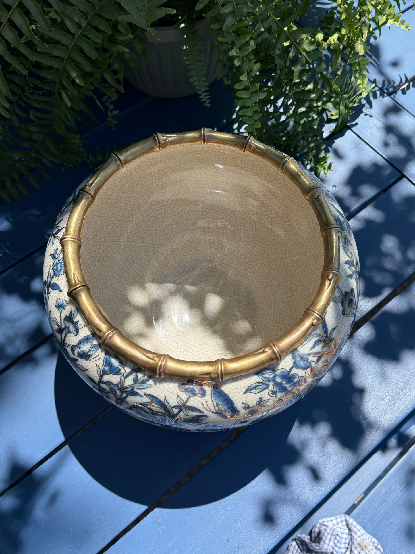 Danny’s Fine Porcelain - Midnight Garden Porcelain Floral Round Planter with Bronze Ormolu, 12"L x 12"W x 9"H