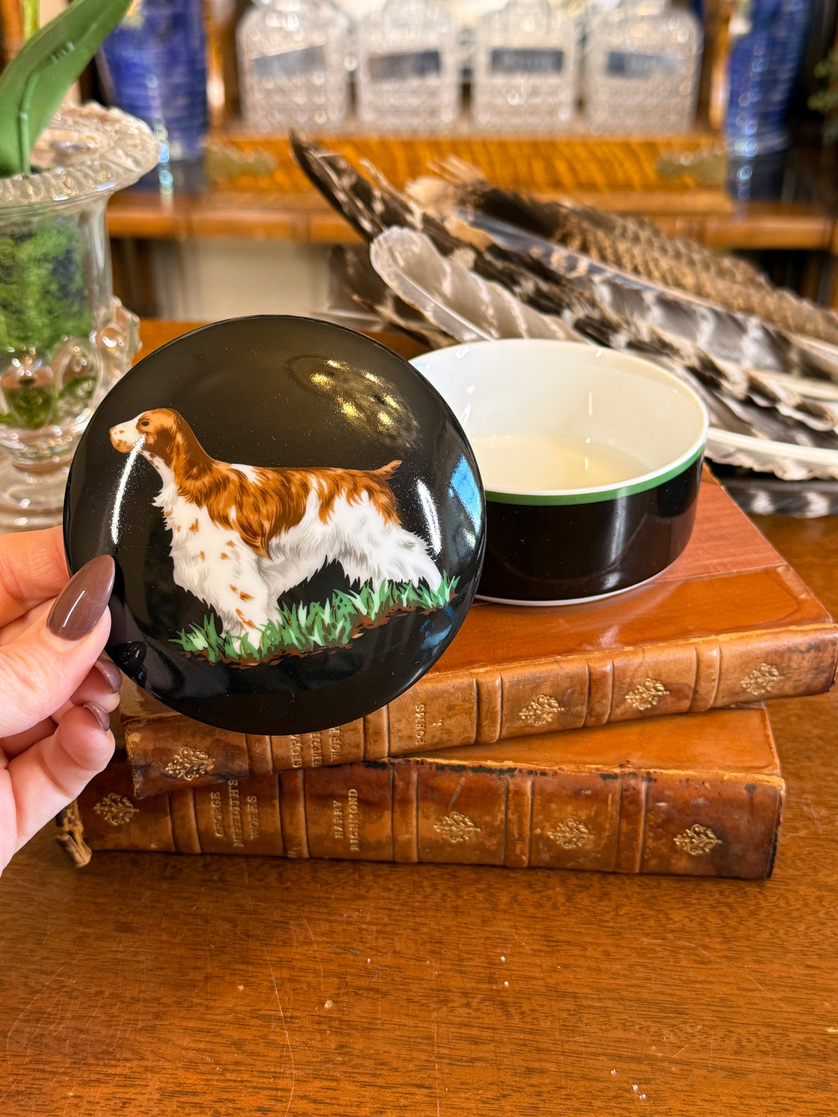 RESERVED - CGHOLL - Vintage Tiffany & Co. “Hunting Dogs” Porcelain Round Trinket Box, Black Sporting Dog Motif, 1992, 4” D