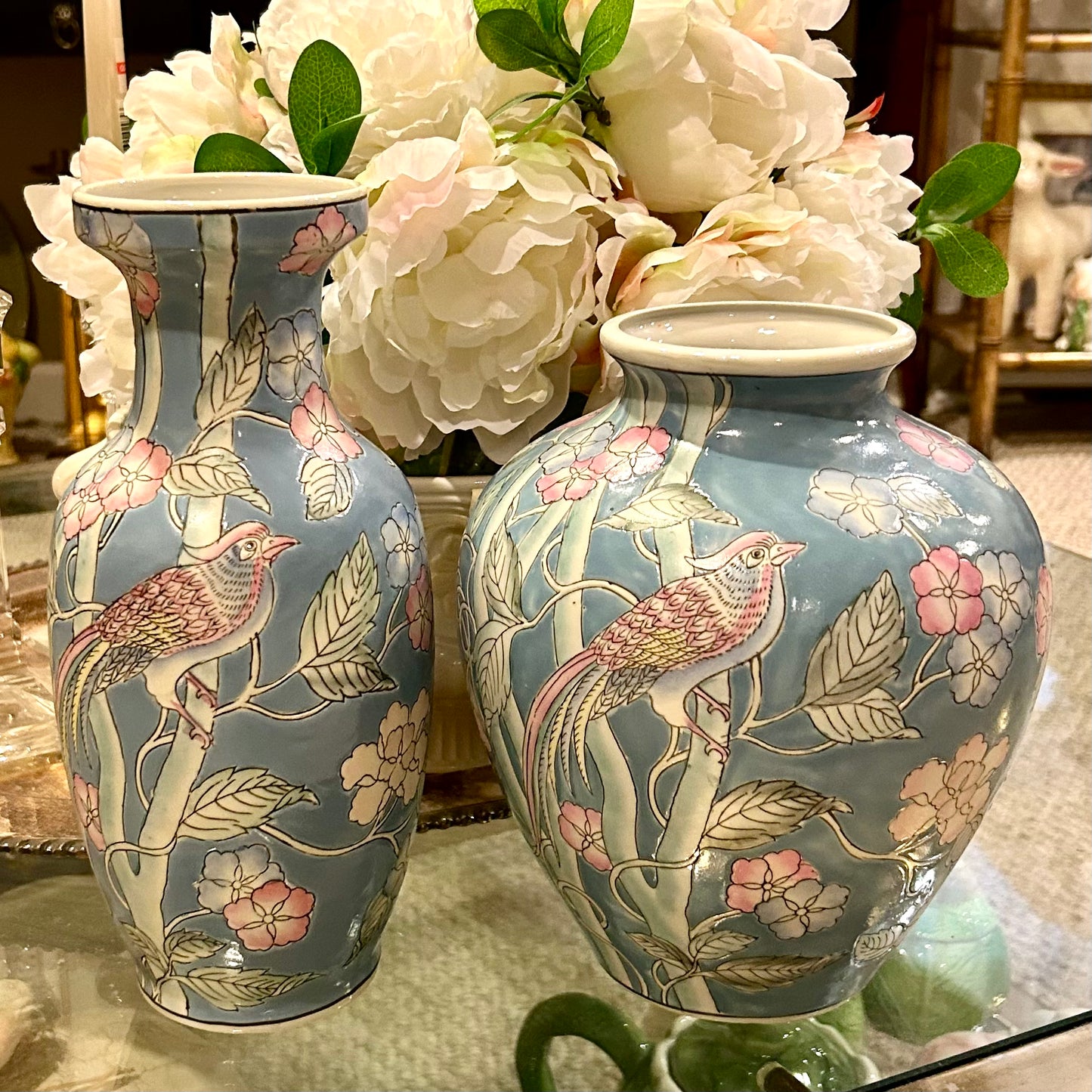 Vintage soft blue & white bird botanical chinoiserie ginger jar vase