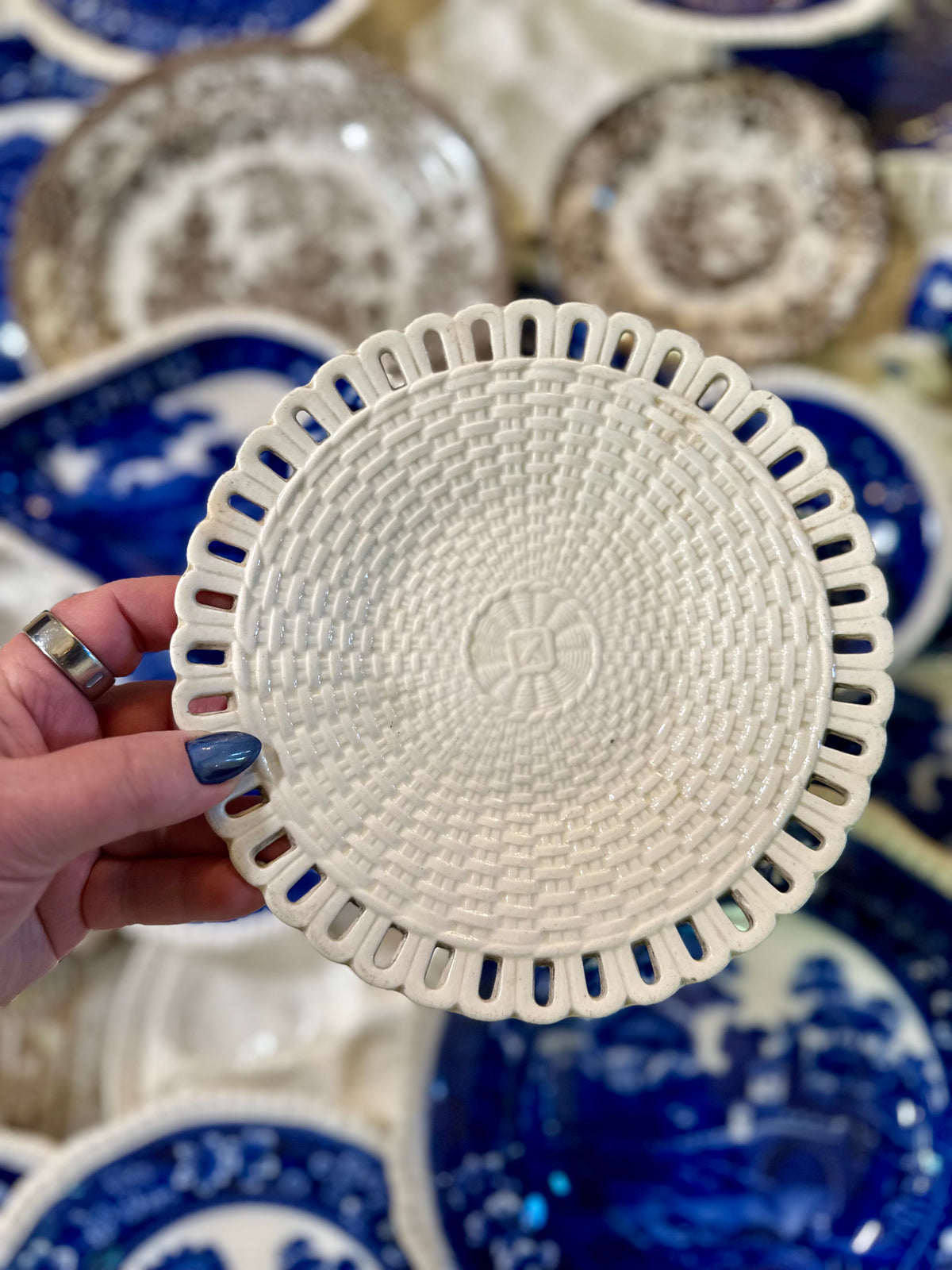 Antique English Creamware Reticulated Basket-Weave Plate, Early 19th Century