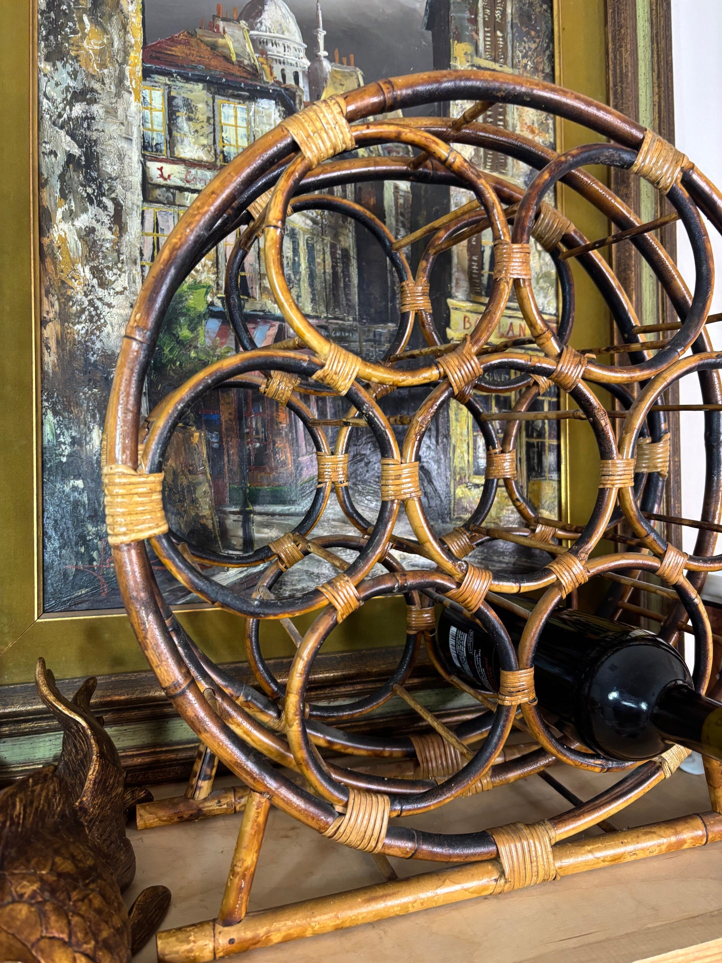 Beautiful extra large burnt bamboo circular wine holder!