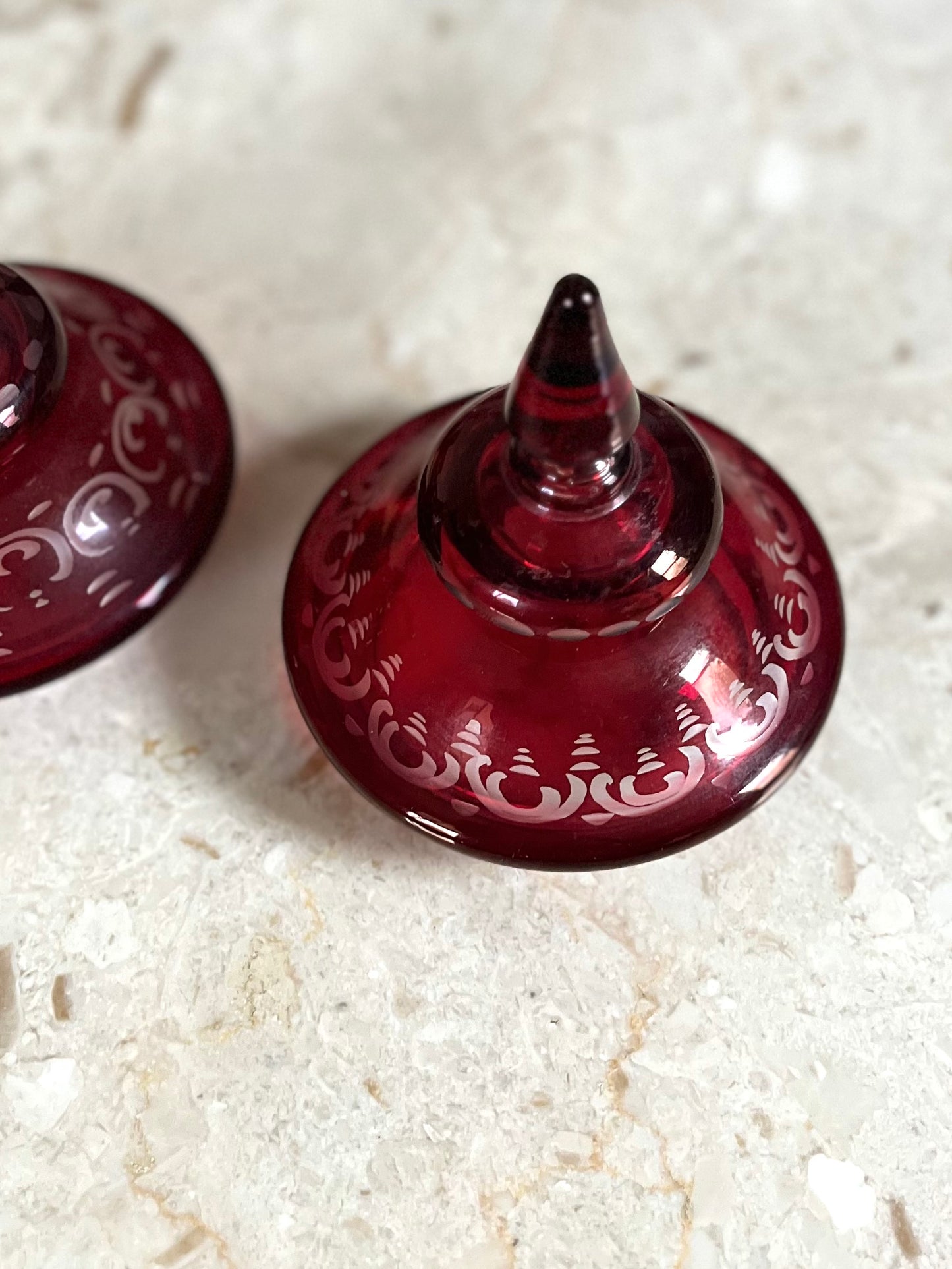 19th Century Continental Ruby Red Cut-to-Clear Lidded Goblets with Landscape Etching, Pair in perfect condition