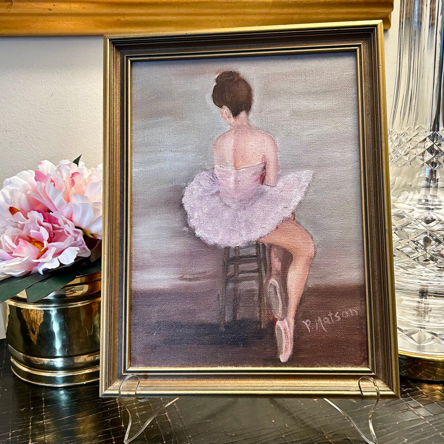 Beautiful ballerina original signed oil painting in custom gold frame wall art