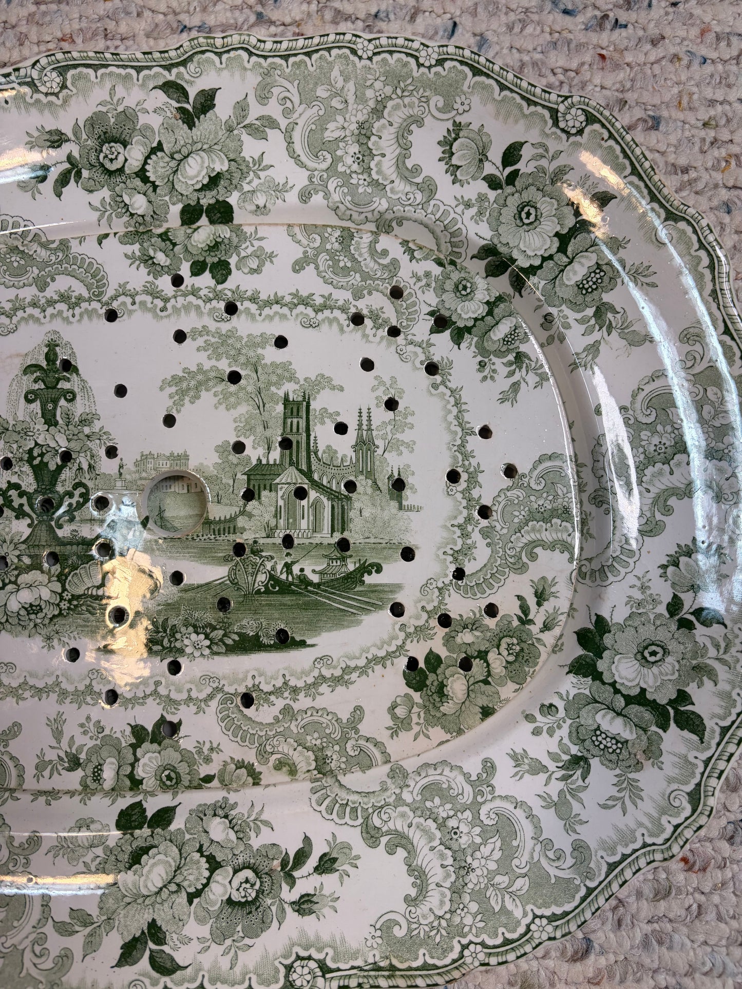 Stunning antique William Adams & Sons "Fountain Scenery" green and white transferware platter with strainer!