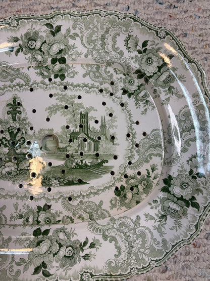 Stunning antique William Adams & Sons "Fountain Scenery" green and white transferware platter with strainer!