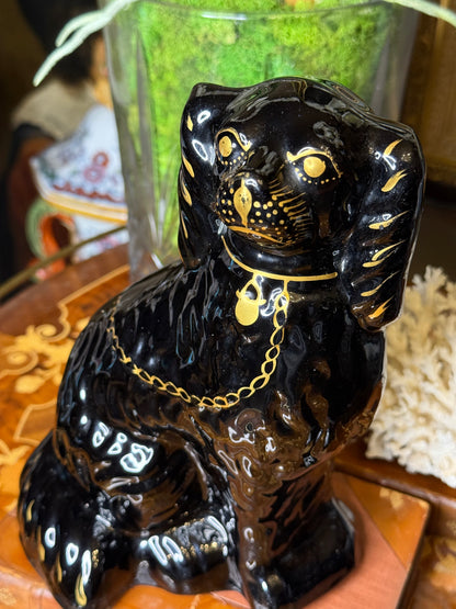 Antique 10” Tall English Black Staffordshire Mantle Dogs (c. 1890–1910) – Pair with Gilt Chain