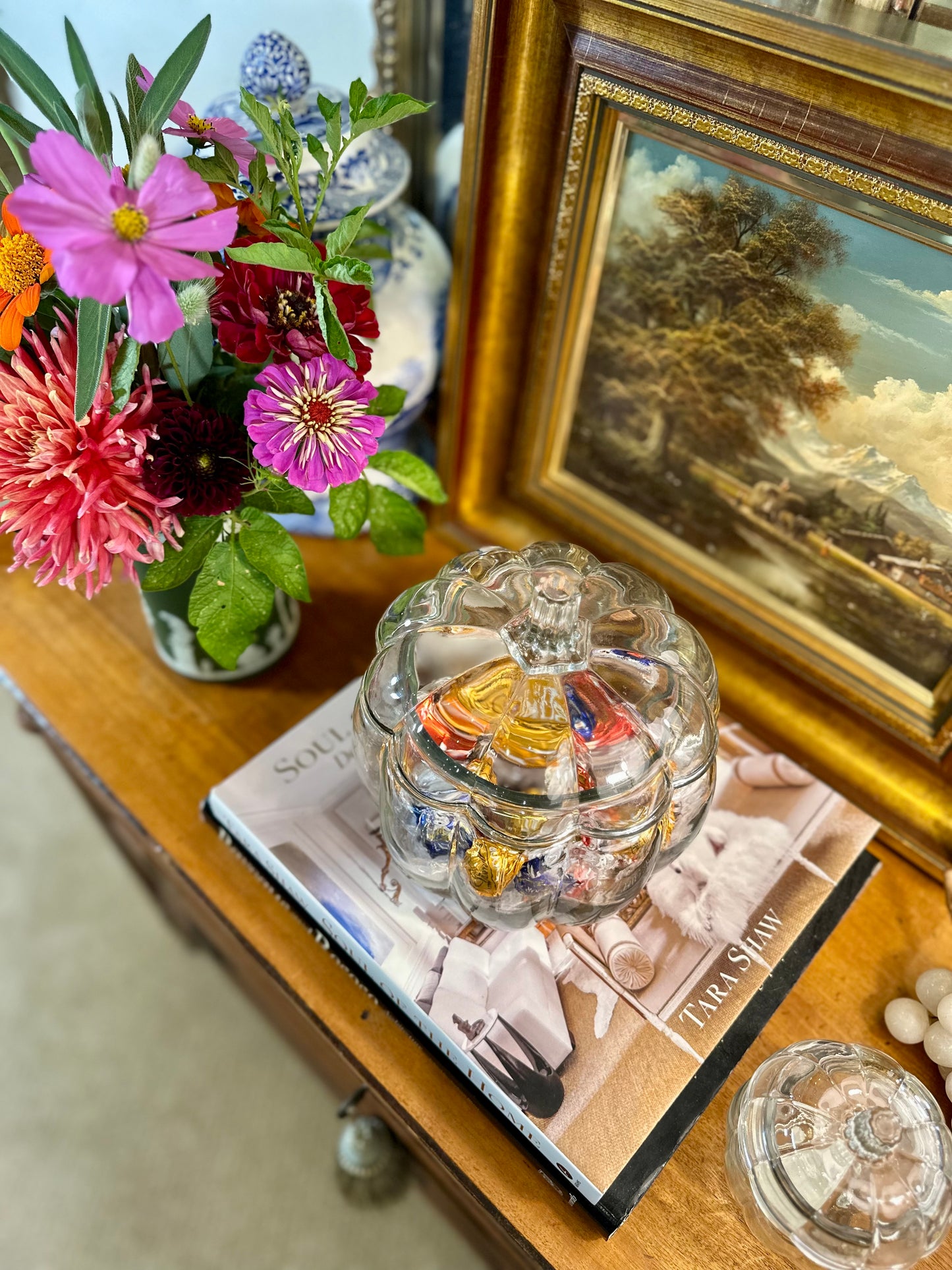 Vintage Glass Figural Pumpkin Candy Bowl w/Lid by Anchor Hocking, Made in USA, 7"