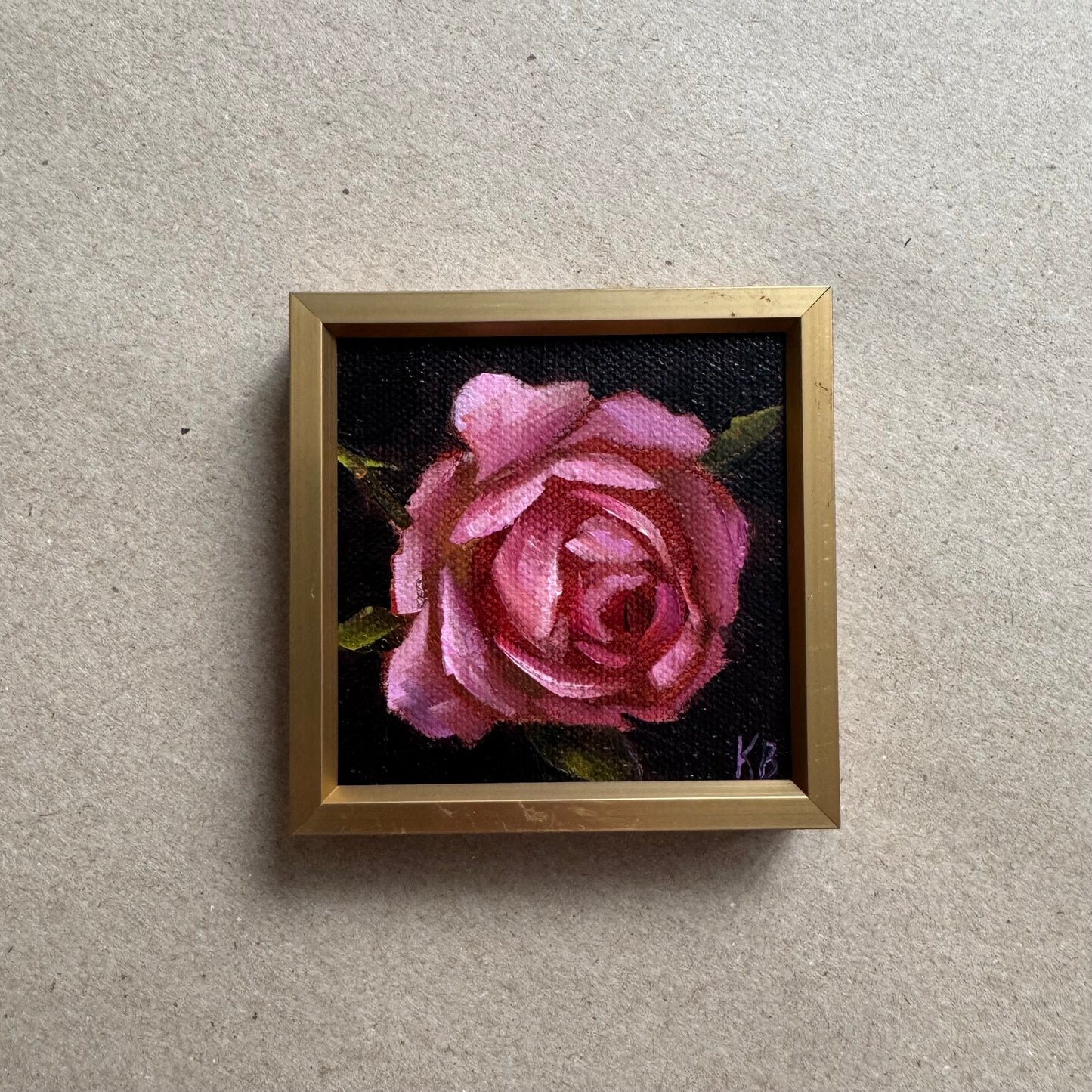 Mini art dark pink rose original oil paintings on stretched canvas 3x3”