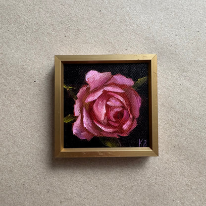 Mini art dark pink rose original oil paintings on stretched canvas 3x3”