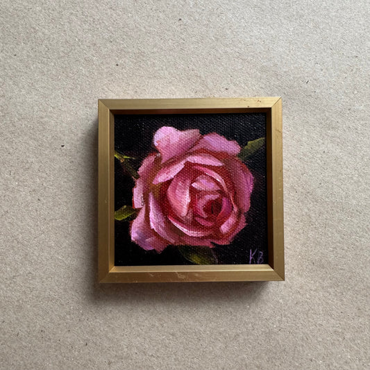Mini art dark pink rose original oil paintings on stretched canvas 3x3”
