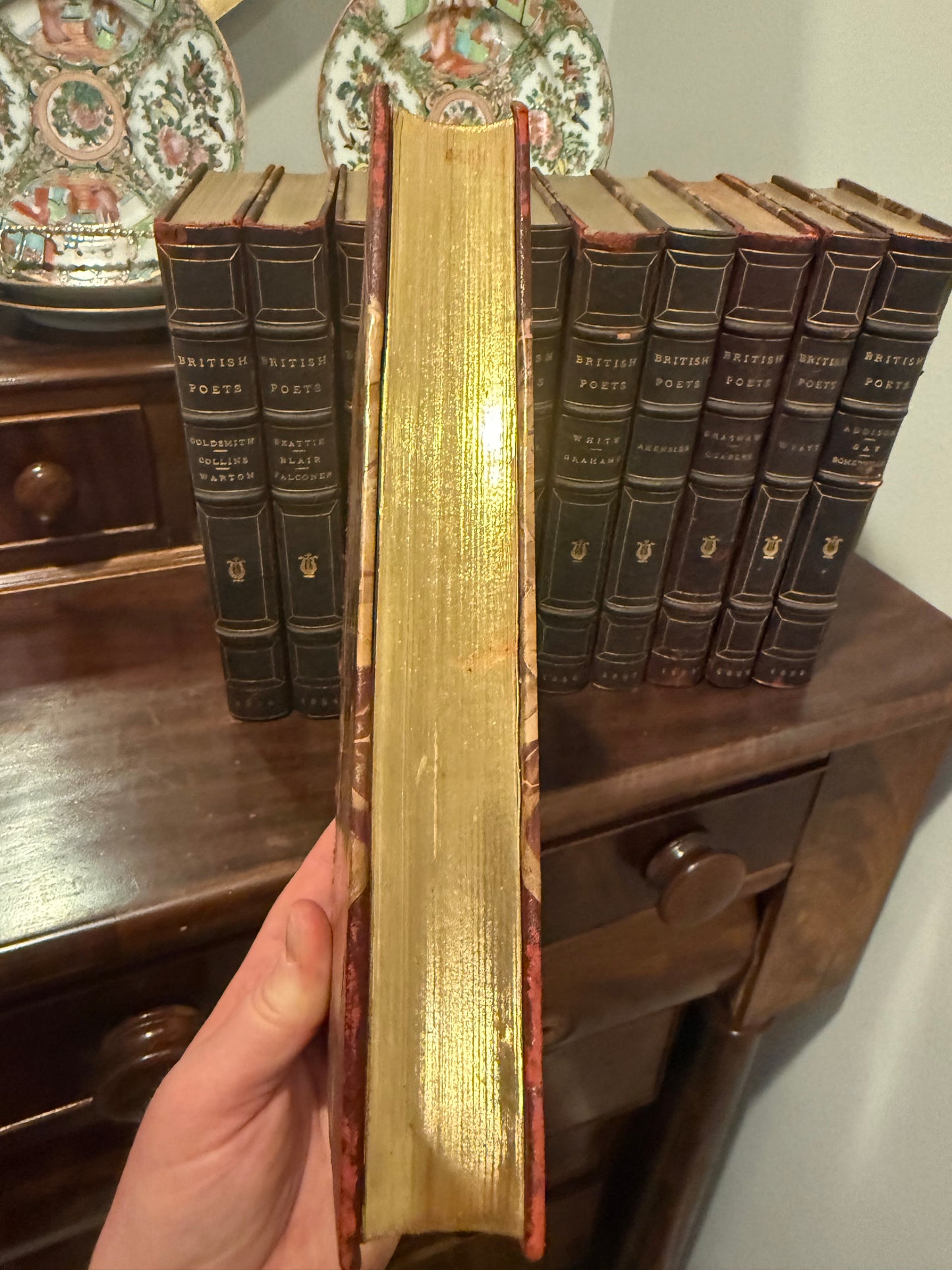 On Hold - Antique Set of 11 Leather Bound Marbled Front Books with Gold Leaf Pages - British Poets (1853-1859)