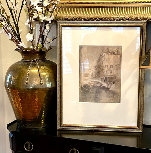 Moody muted vintage artwork of Venice Italy canals in gold frame