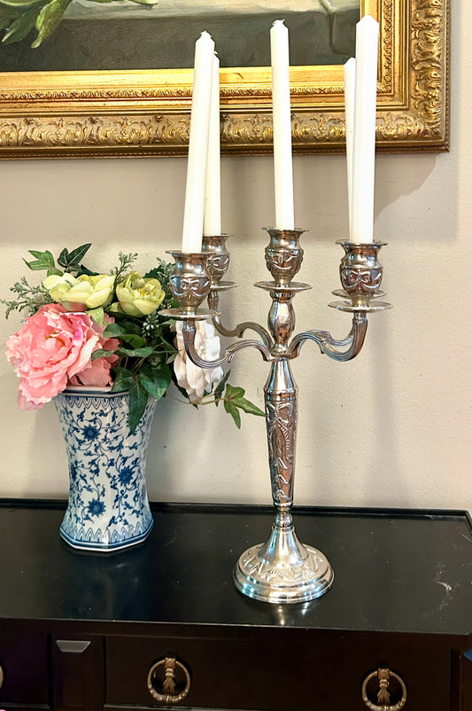 Single spectacular heavy silver plate bow & baroque triple candelabra