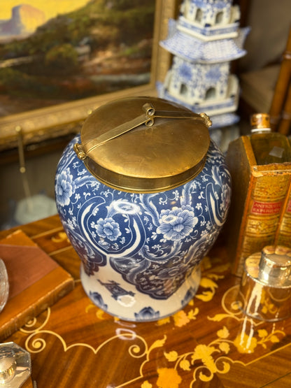 Danny's Fine Porcelain: 10” Tall Blue/White Porcelain Jar W/ Bronze Lid (2 sizes to choose)