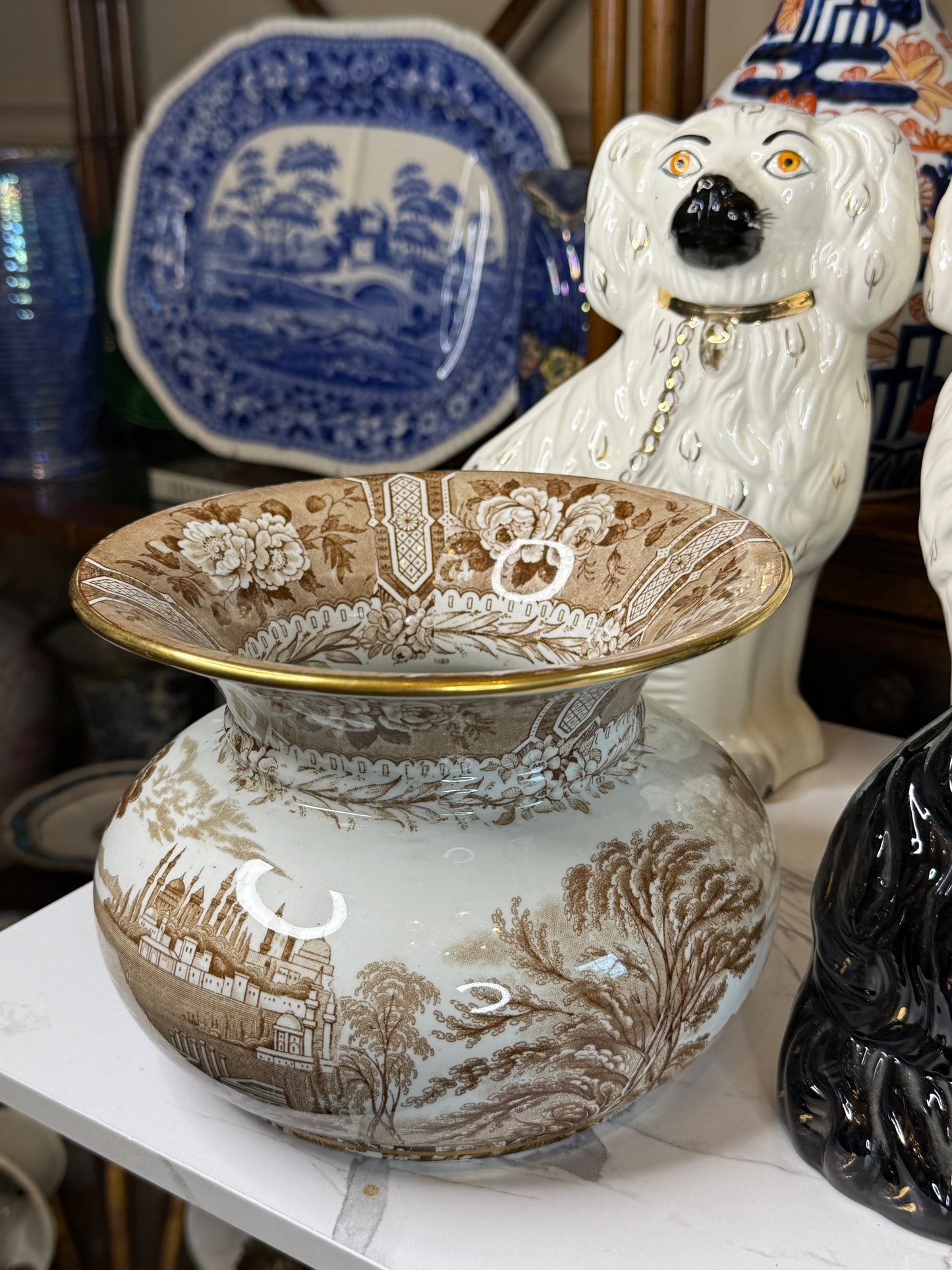 Pair of Antique Cauldon Brown & White Spittoons | Circa 1900 | 5.5"H x 7.5"D Each | Style DA4343