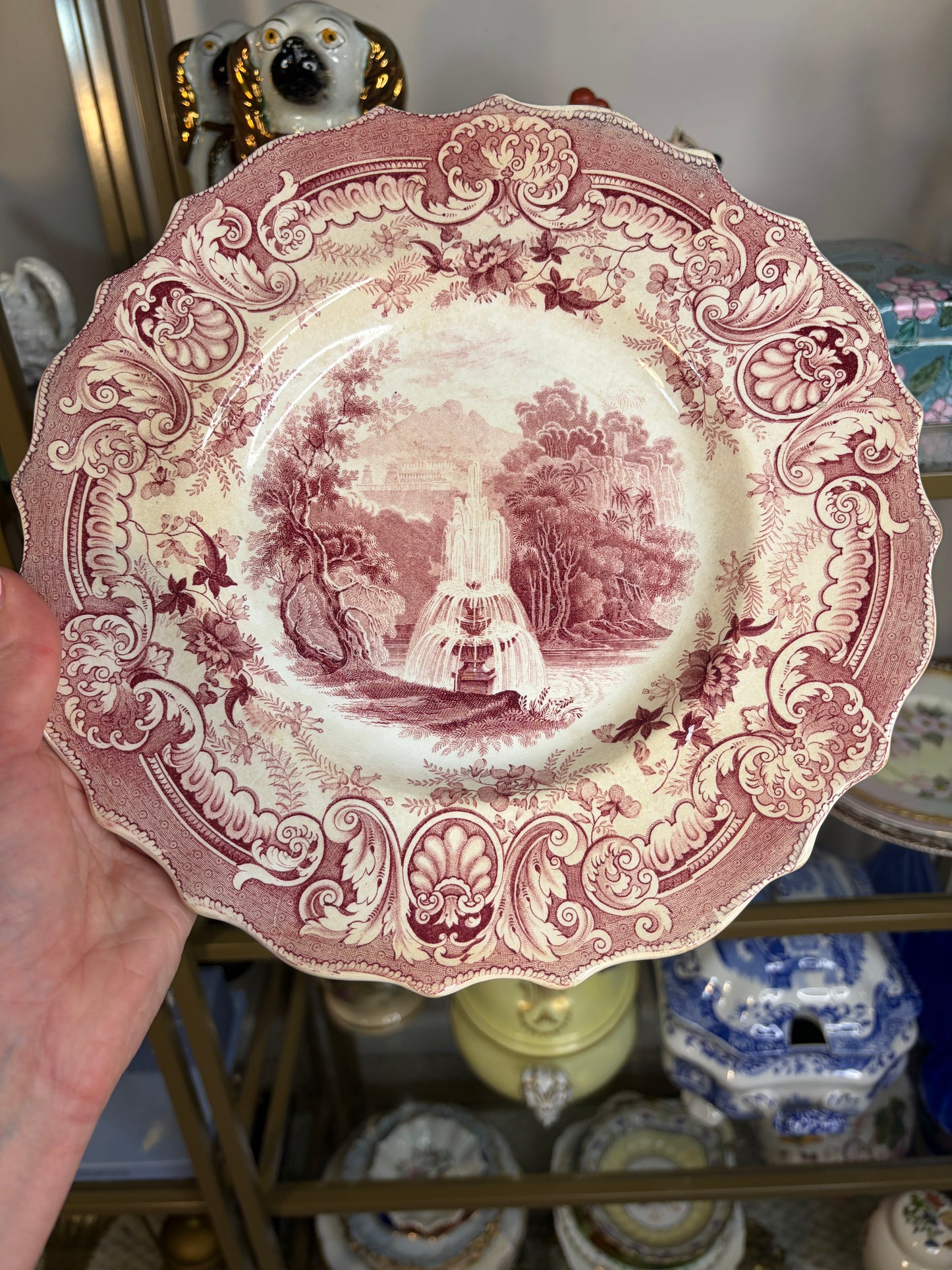 Stunning antique 1840s English transferware plate in the "Fountain" pattern by Enoch Wood & Sons!