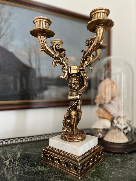Chateau Style Gilt Cherub Candelabra - 4 Arms With Marble Plinth