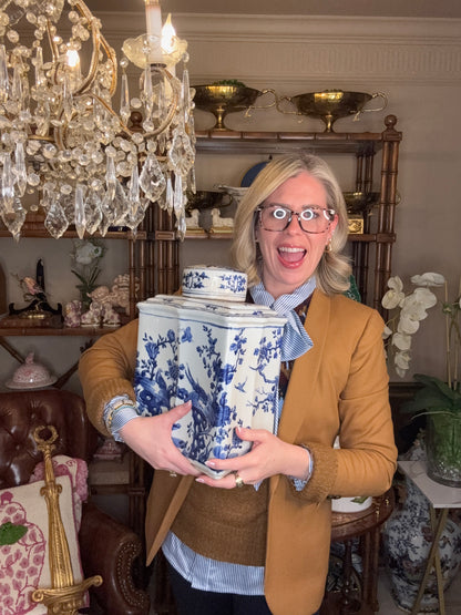 Danny’s Fine Porcelain | Rectangular Blue & White Porcelain Tea Jar with Landscape Scene, 10.5” L x 7.5” W x 14.75” H