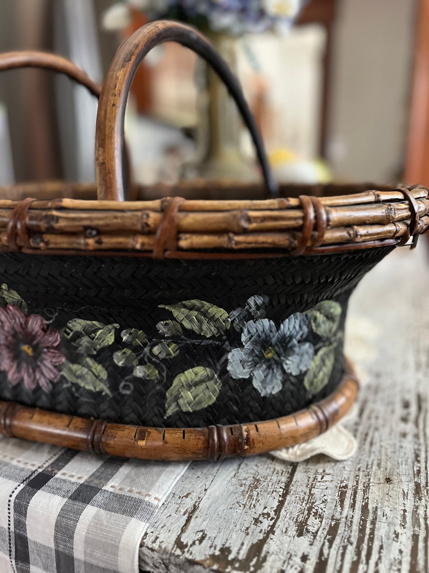 Live 06/29 Vintage Tracy Porter Hand-Painted Woven Market Basket with Bamboo Trim 23 1/2 x 17 X 8