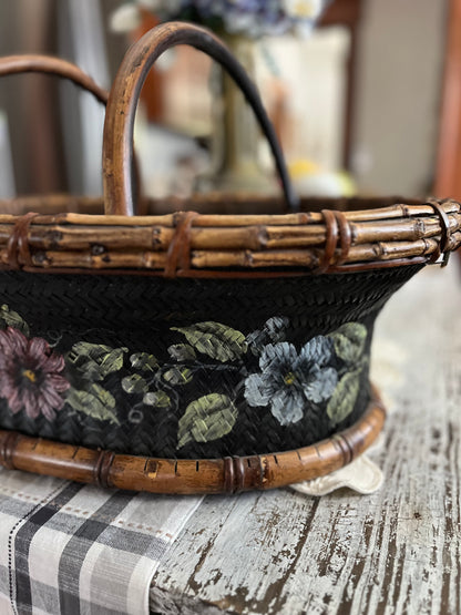 Live 06/29 Vintage Tracy Porter Hand-Painted Woven Market Basket with Bamboo Trim 23 1/2 x 17 X 8