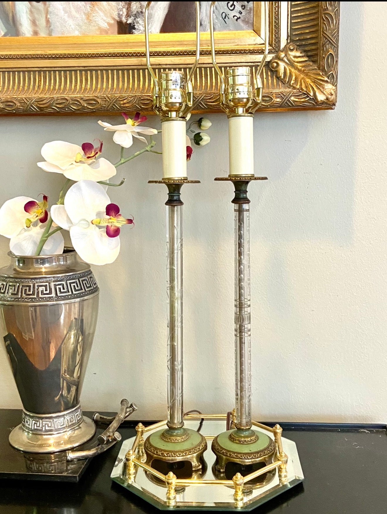 Pair claw leg vintage art deco etched glass lamps