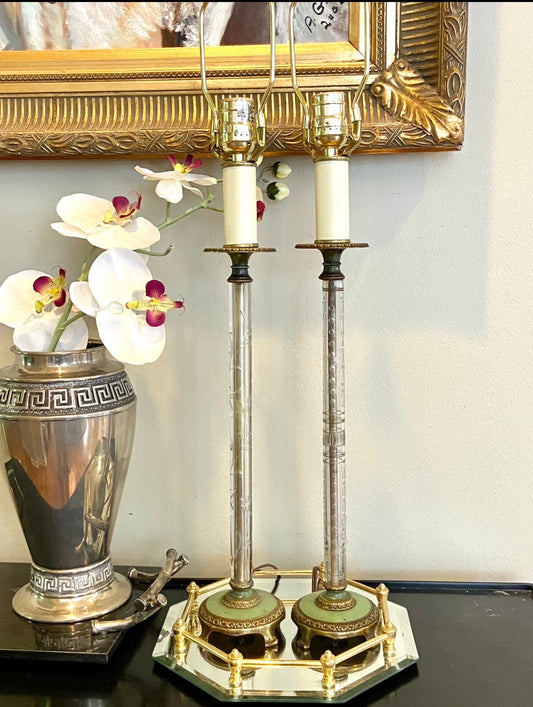 Pair claw leg vintage art deco etched glass lamps