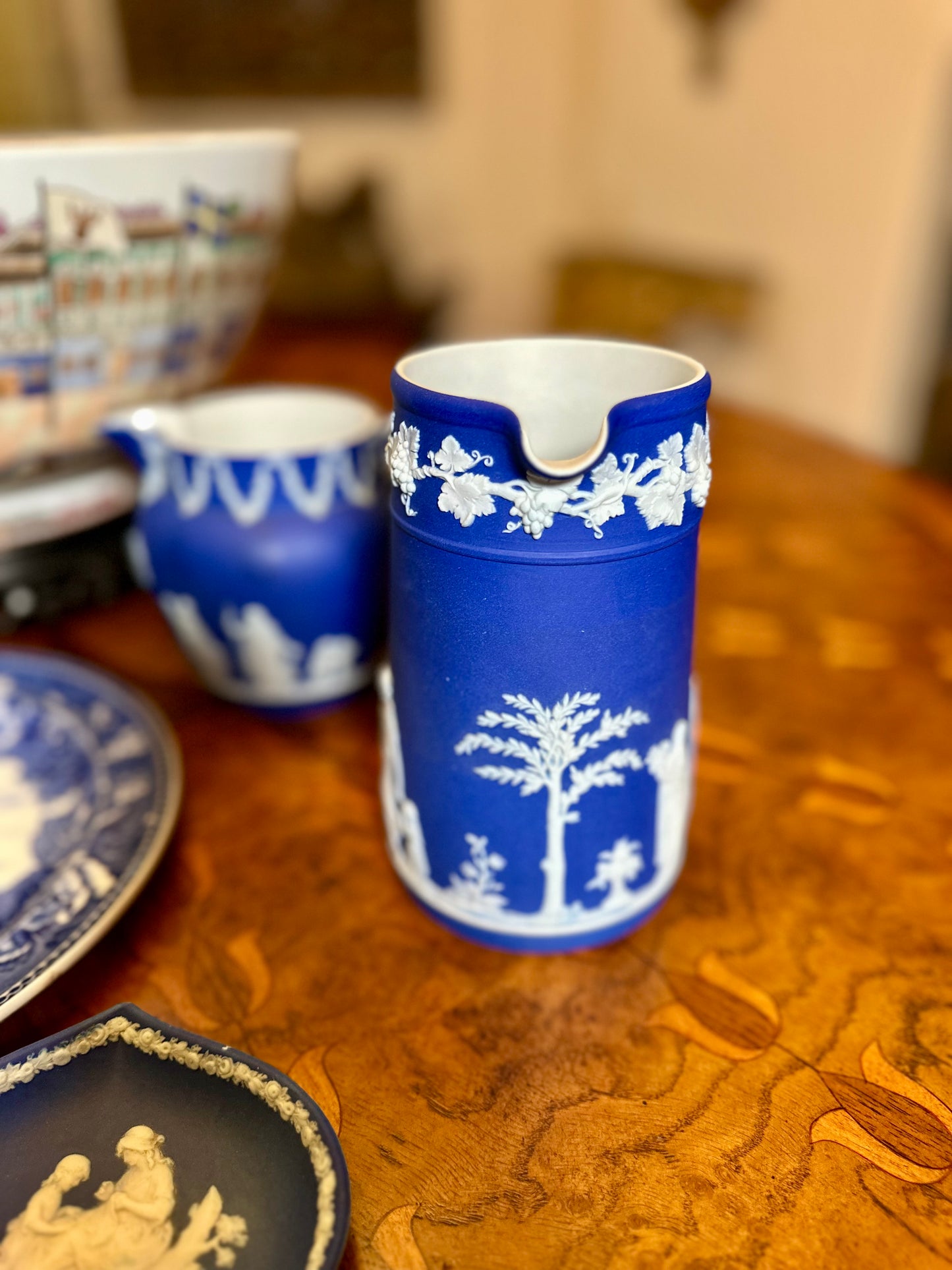 19th Century Antique Wedgwood Cobalt Blue Jasper Dip Pitcher – Classical Figures & Cherubs, c. 1868
