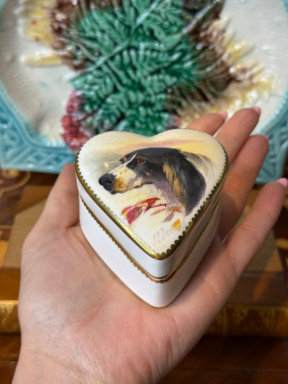 Antique Minton Heart-Shaped Trinket Box | Hand-Painted Borzoi Sporting Dog Portrait by J.E. Dean | c.1920 | #DA2462