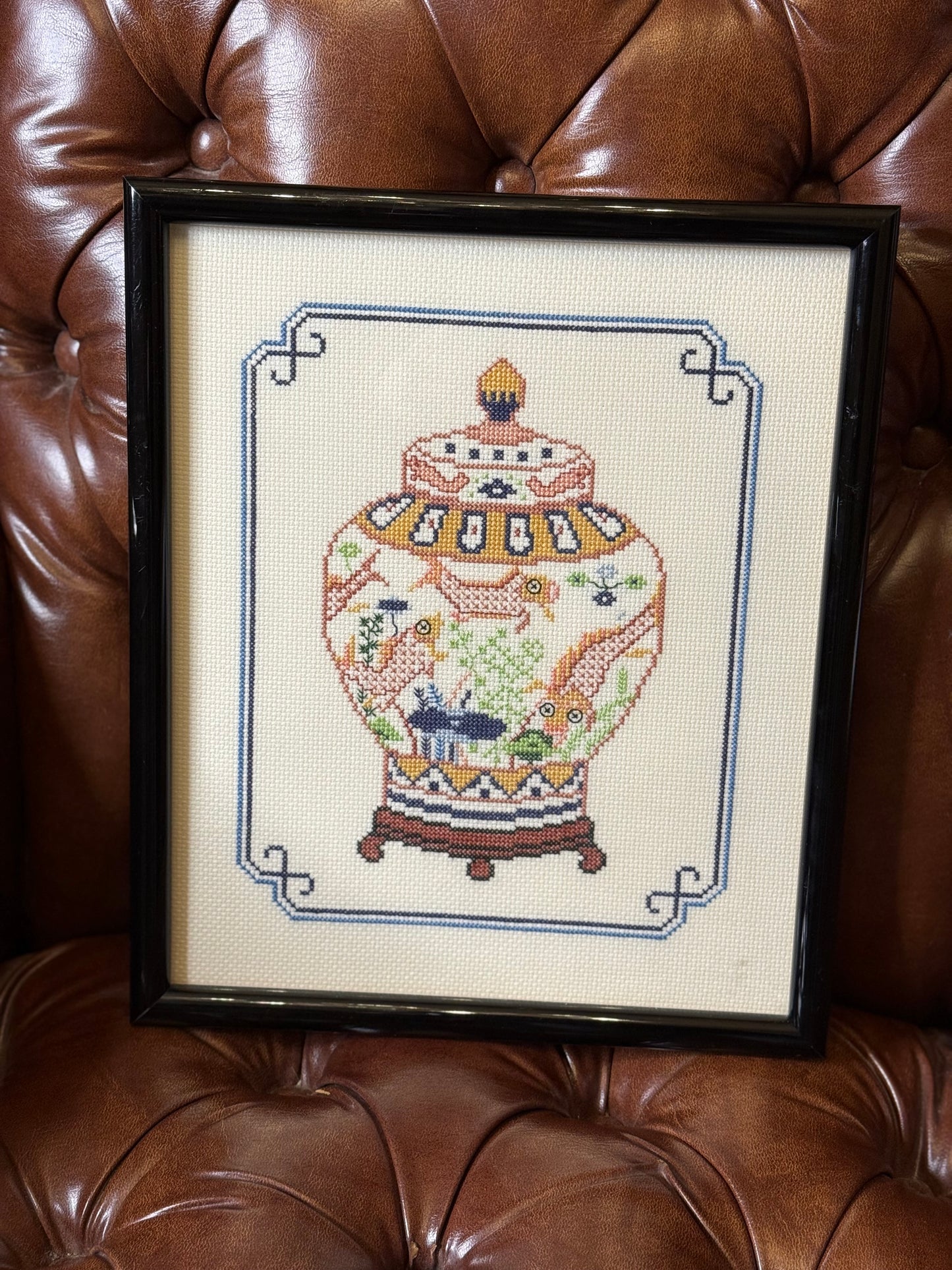RESERVED: Mina, needlepoint framed glass ginger jar