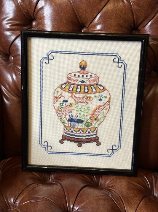 RESERVED: Mina, needlepoint framed glass ginger jar