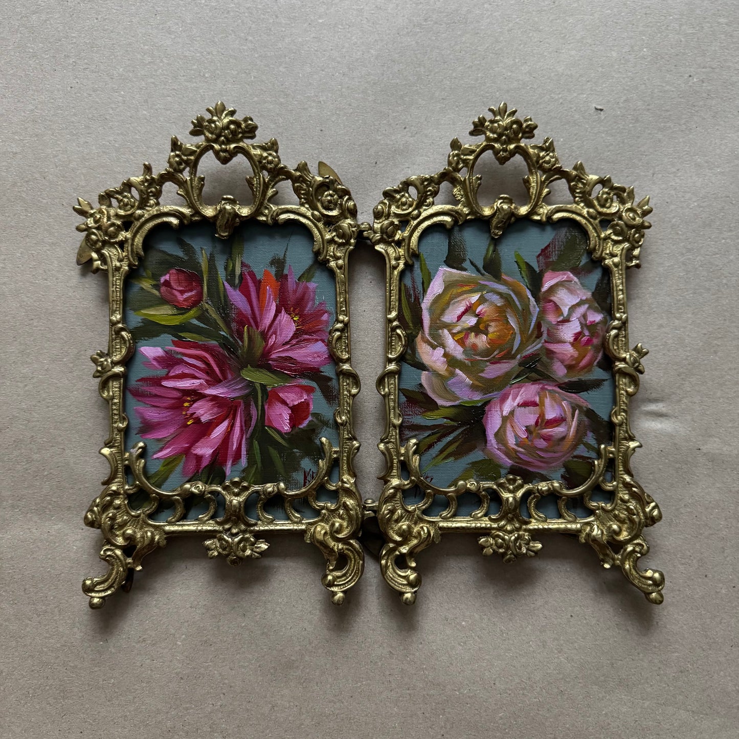 Live 06/09 Double frame peonies original oil painting, 10.5" wide, 9.5" tall