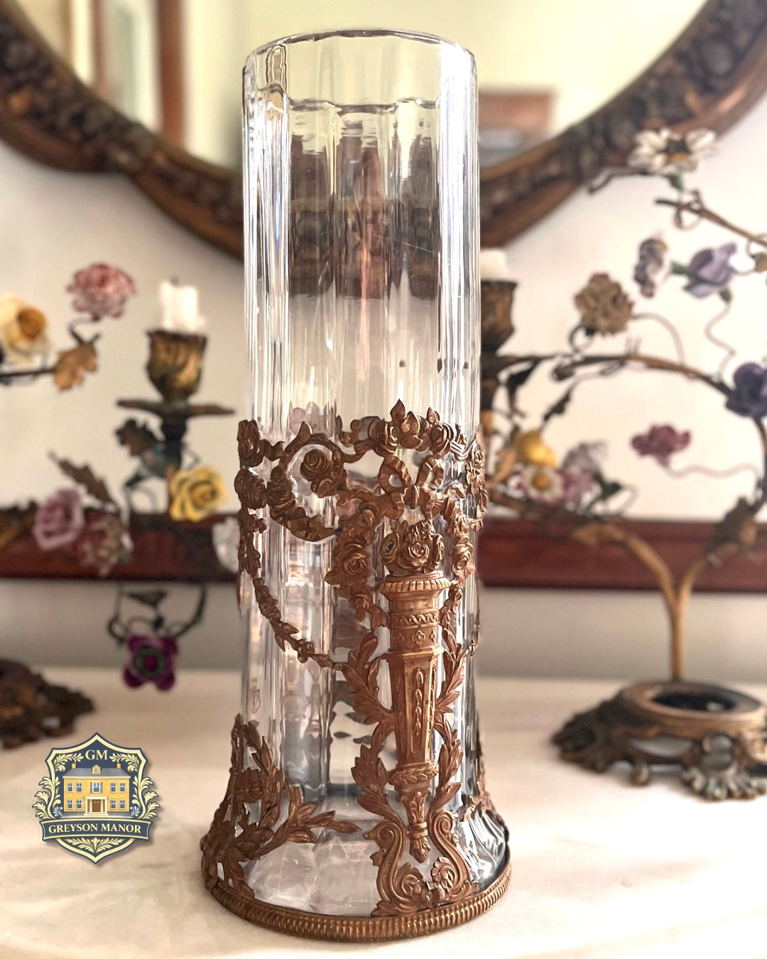 Antique French Ormolu-Mounted Glass Vase - Louis XVI Style - Rose Garlands & Love Trophy - c. Pre-1891