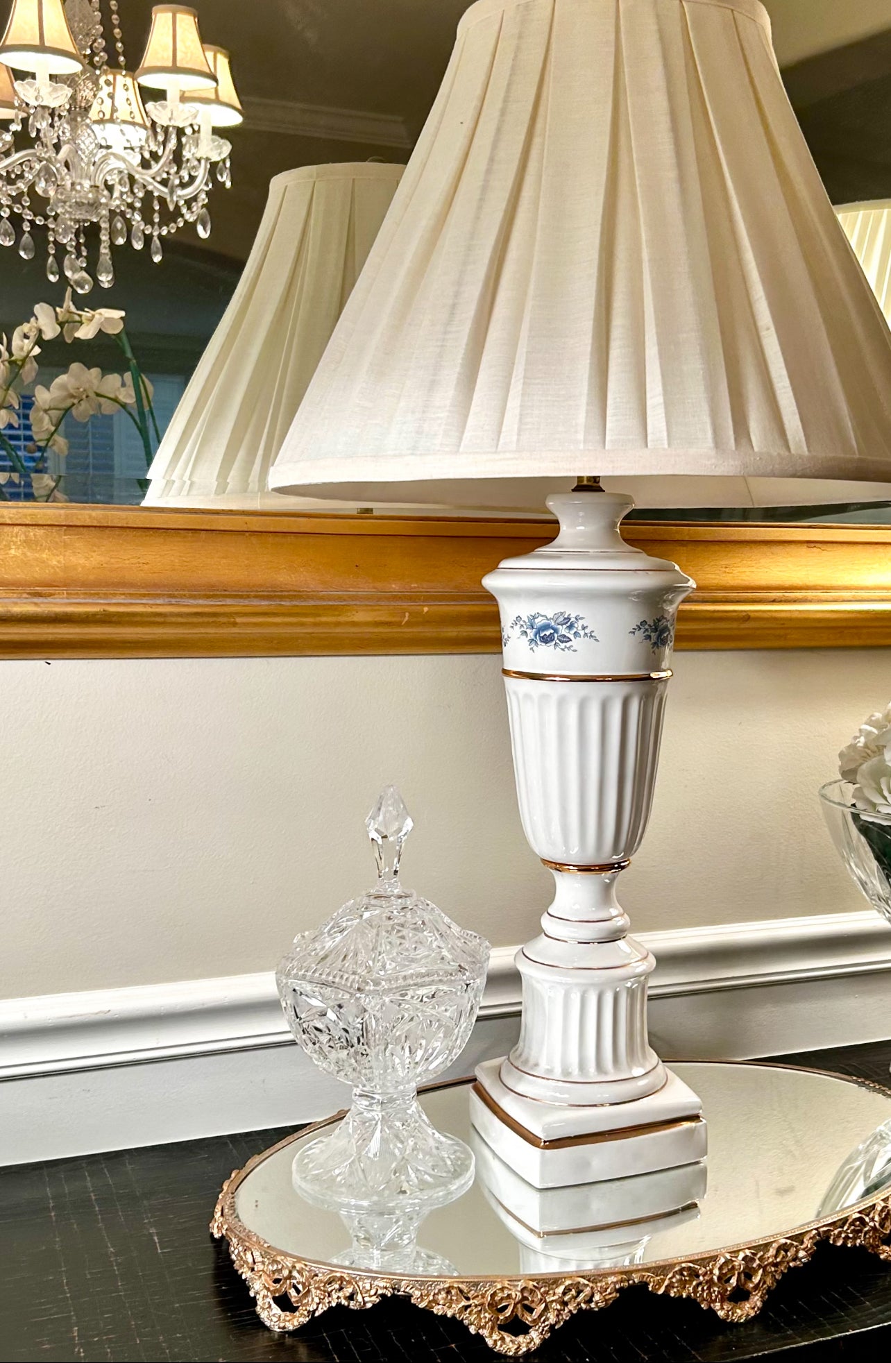 statuesque older Vintage designer blue & white  porcelain trophy lamp.