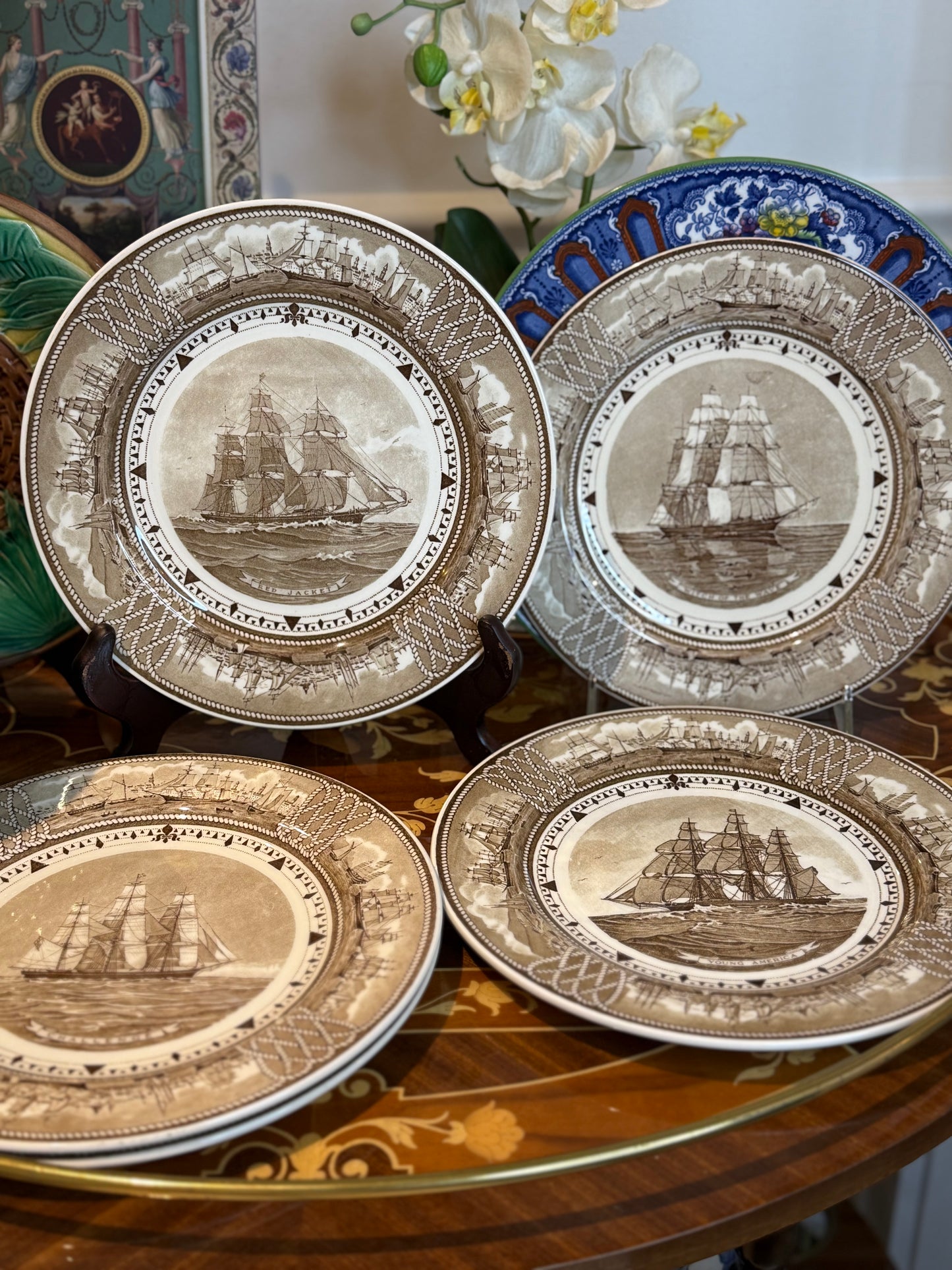 Vintage Set of (5) Wedgwood “The American Clipper Ship Plates” 9” Brown Transferware Nautical Plates – England