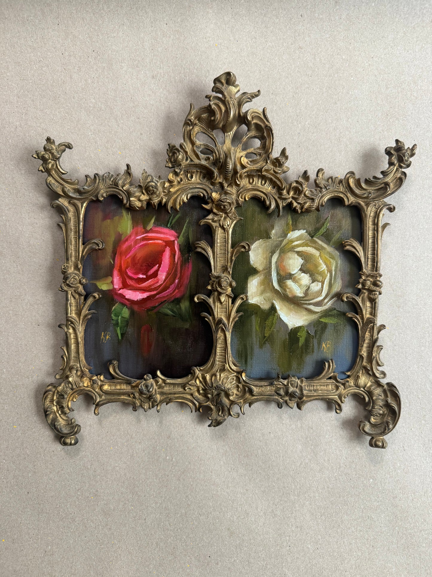 Red and white rose original oil on board in antique double frame￼