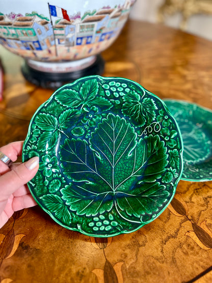 Antique Victorian Green Majolica Strawberry Leaf Plates | Pair