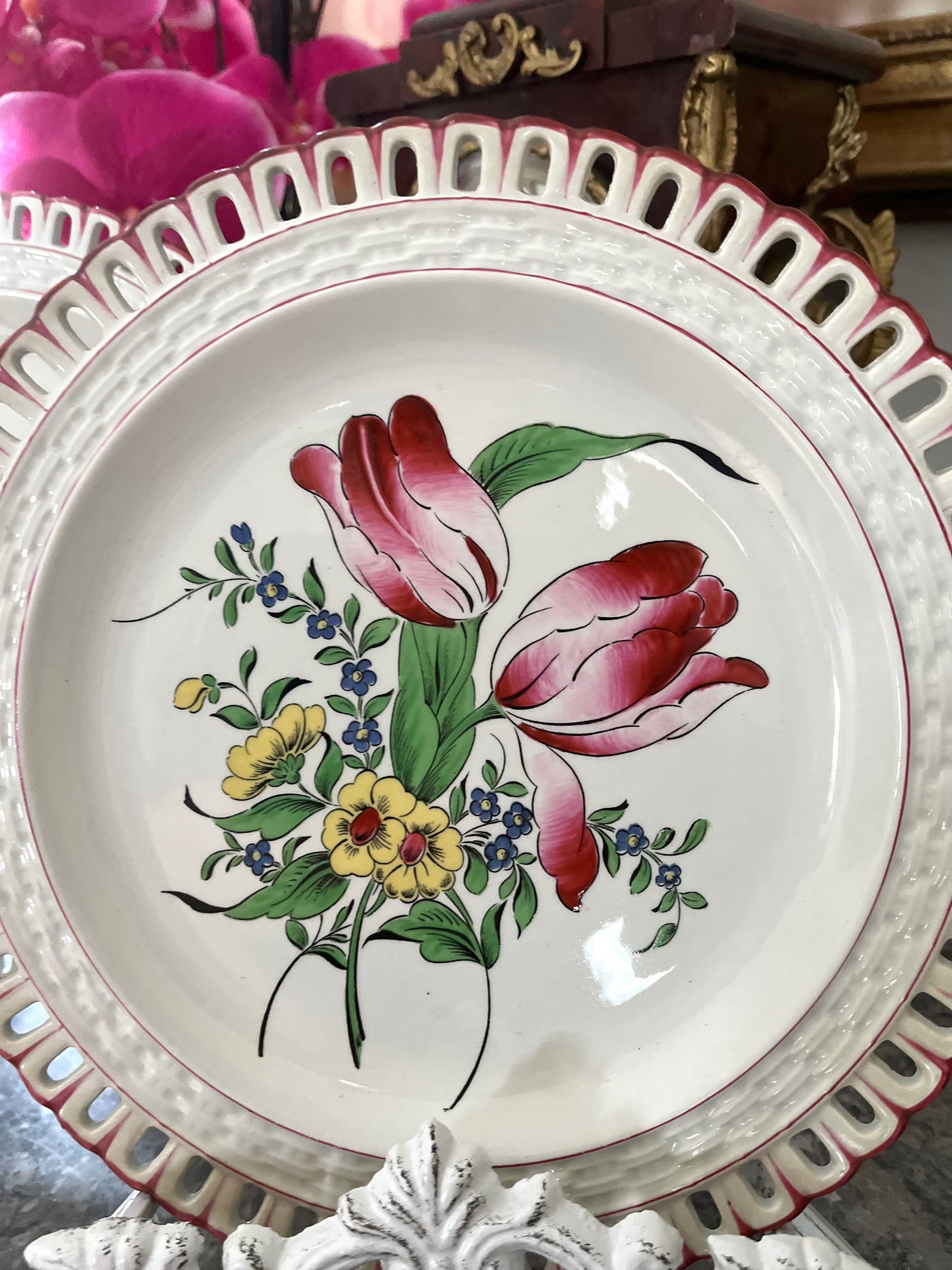 Live 06/09 Antique French Faience Reticulated Tulip Plates Set Of 2