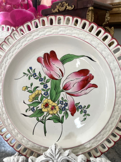 Live 06/09 Antique French Faience Reticulated Tulip Plates Set Of 2