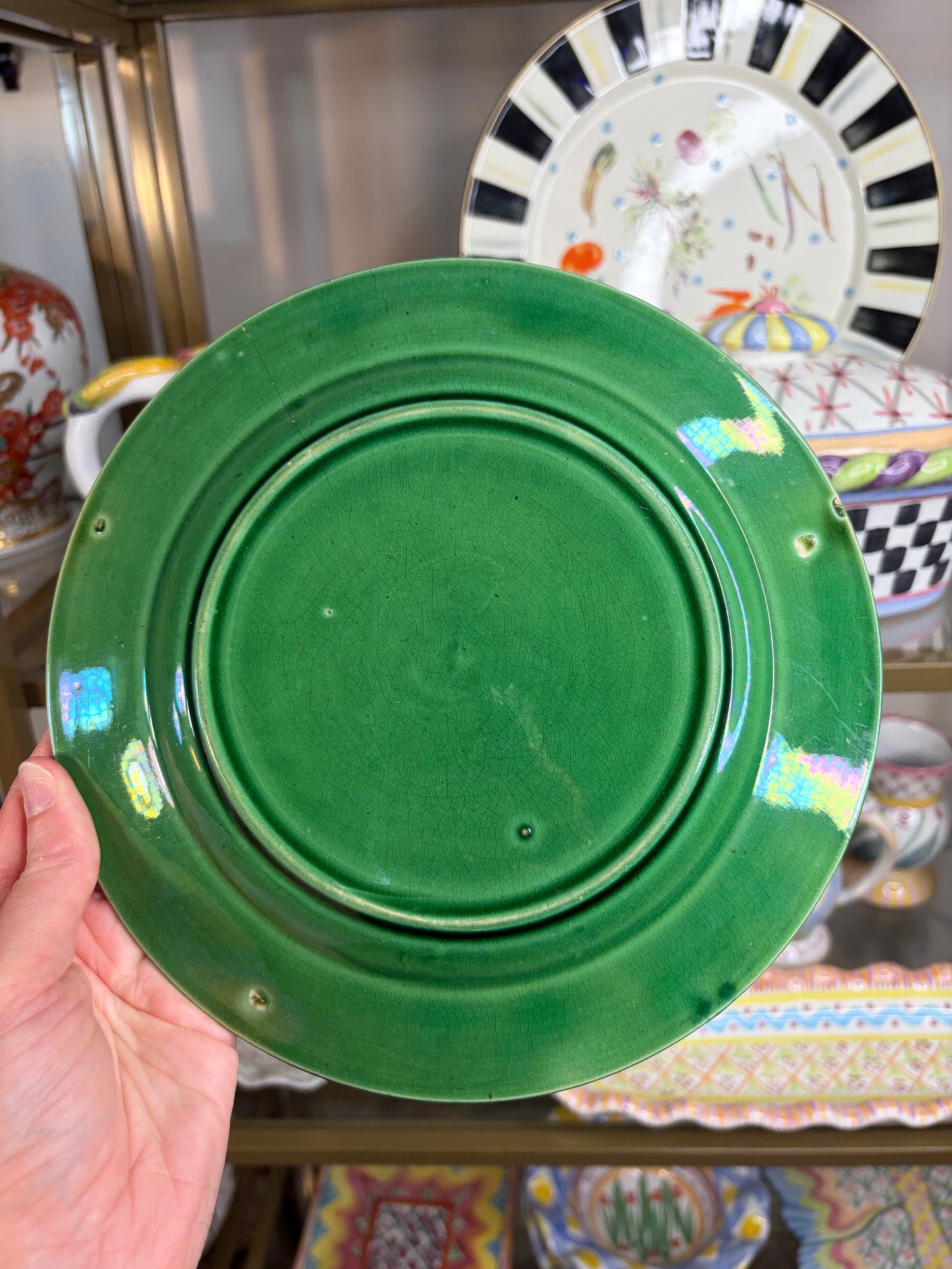 Lovely majolica green plate with Greek key border! As is!