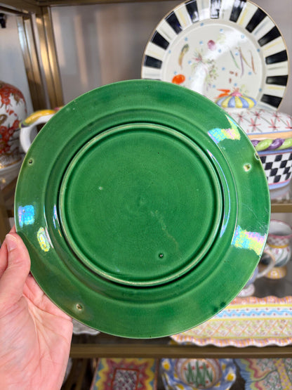 Lovely majolica green plate with Greek key border! As is!