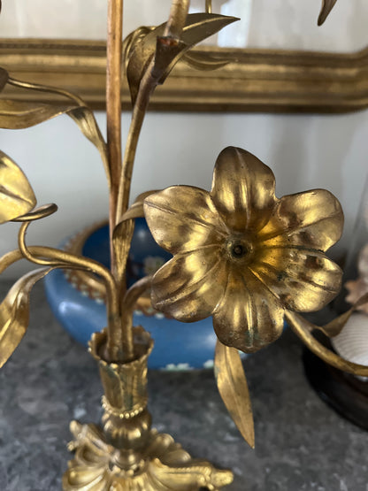 Antique French Tole Three-Light Gilt Floral Candelabra, Church Alter Style