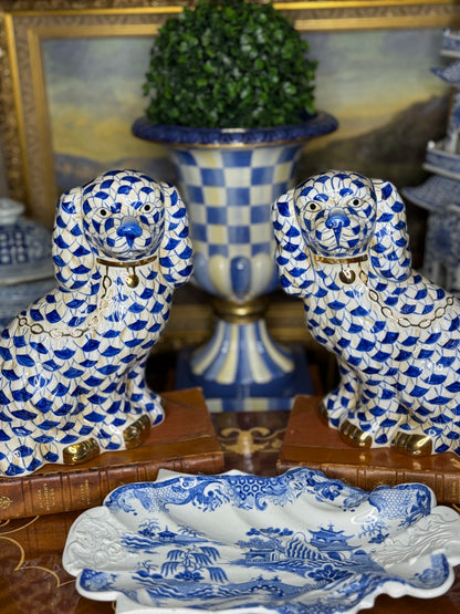 Danny’s Fine Porcelain: Large 16Lx3.5Wx9H Blue & White Spaniel Dog Figure Pair W/ Gold Accent