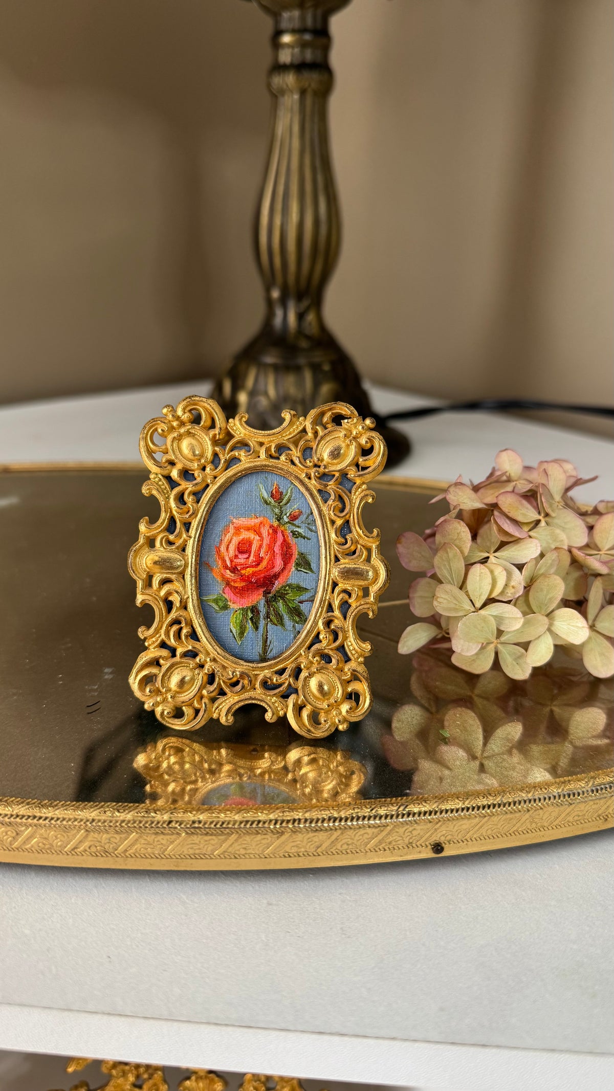 Day 11 apricot rose, original oil painting in antique brass frame
