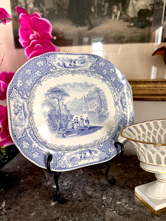 Antique Scottish Transferware Platter “Italian Lakes” by J & M P Bell, Blue & White Scenic Platter 15.25”