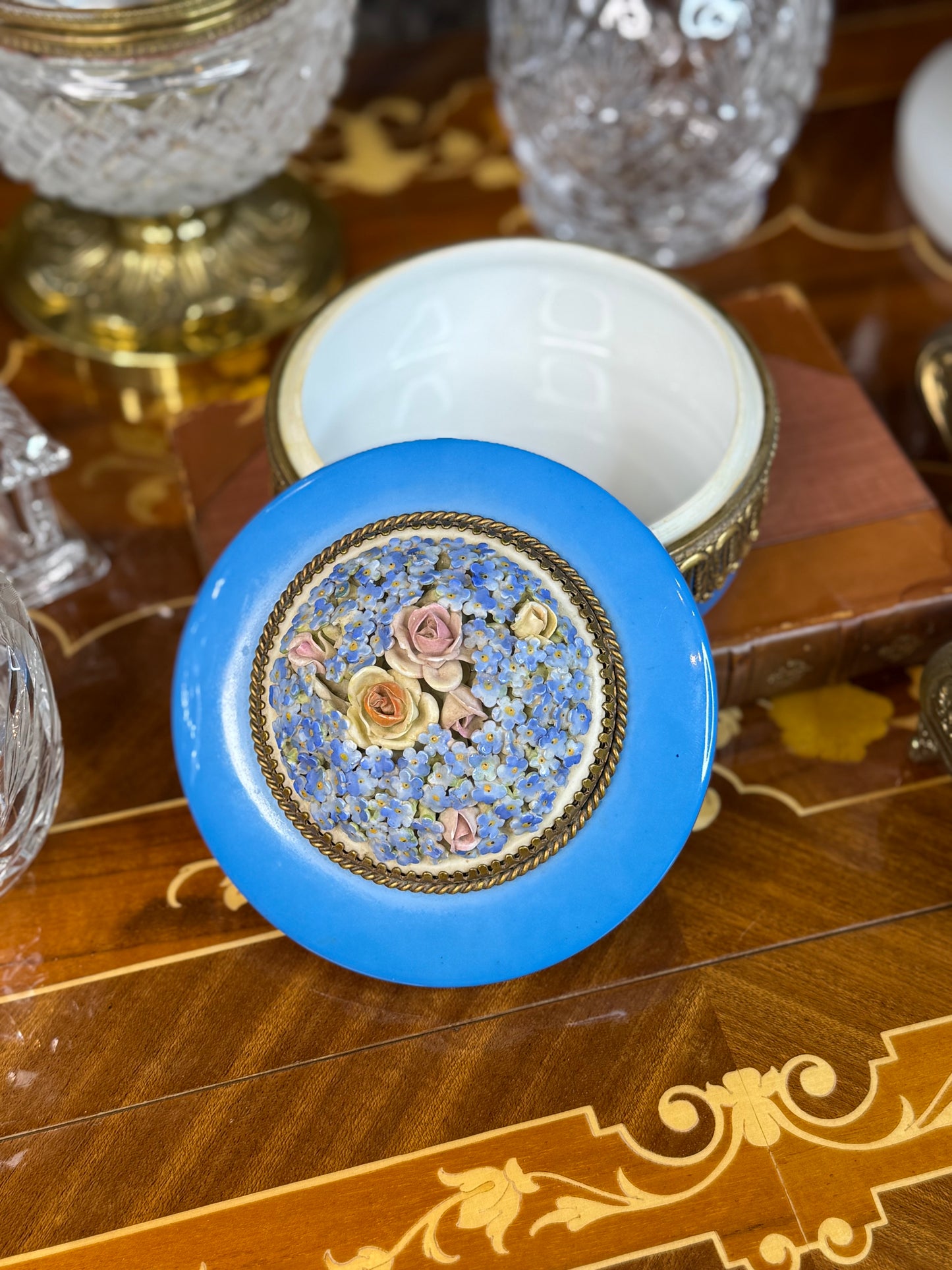 Antique German Porcelain Vanity Box with Gilt Ormolu & Floral Lid | 6”D