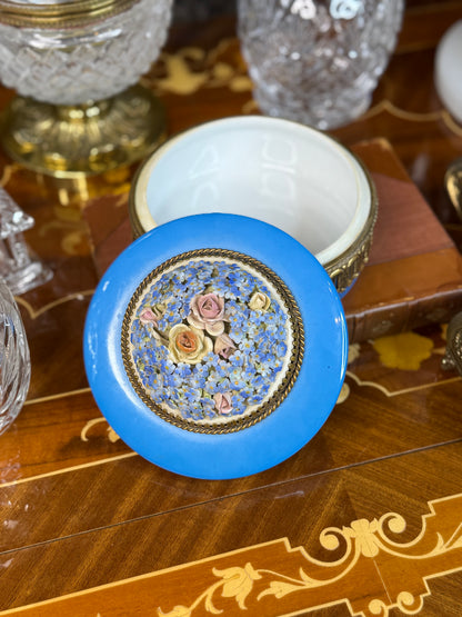 Antique German Porcelain Vanity Box with Gilt Ormolu & Floral Lid | 6”D