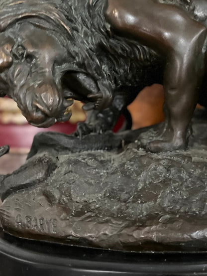 French Animalier Bronze Lion Sculpture “Lion au Serpent” (Barye Recast) on Marble Plinth — Early 20th Century
